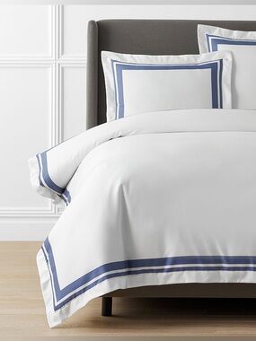 The Company Store Double Border Supima Cotton Sateen Duvet Cover King Blue Dusk